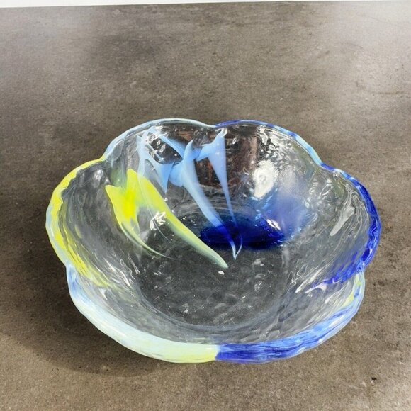 Vintage Aderia Glass Bowl Set 2 Made In Japan Clear Blue Yellow Swirls Ruffled - Picture 2 of 16